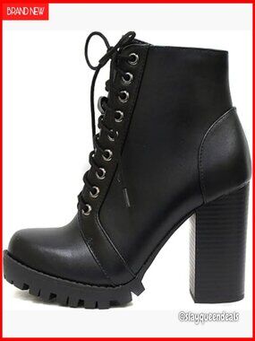 Military Ankle Boots with Lace Up and Side Zipper, Stacked Heel